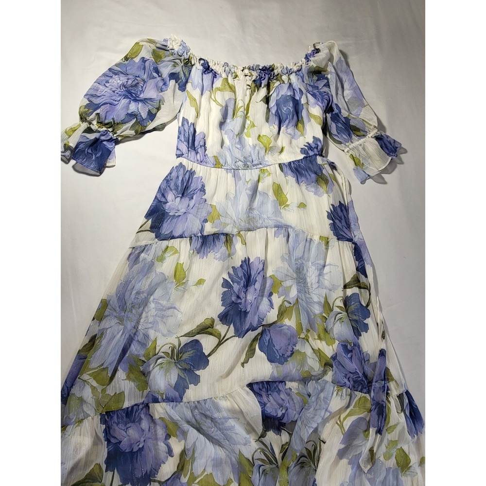 Maison Tara Blue Floral Metallic Stripe Off Shoulder Maxi Dress Size 12 Womens